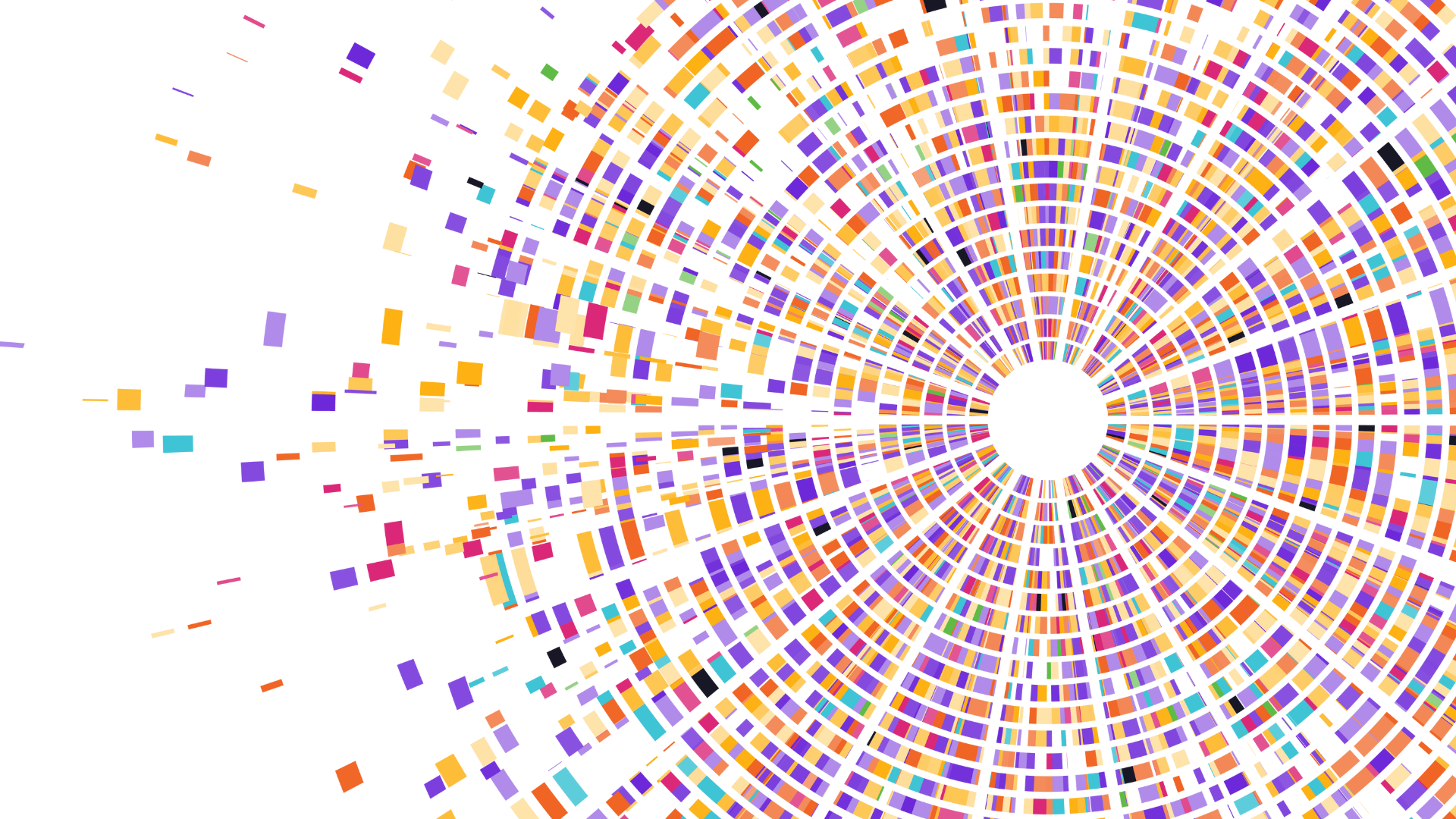 A colorful, abstract radial pattern of small rectangles forming concentric circles, radiating from a central white point on a white background. The rectangles are in various bright shades of orange, purple, blue, and red.