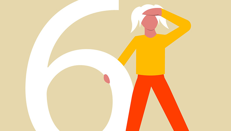 Illustration of a person with white hair and colorful clothes standing beside a large white number six, with one hand resting on the six and the other shading their eyes as if looking into the distance.