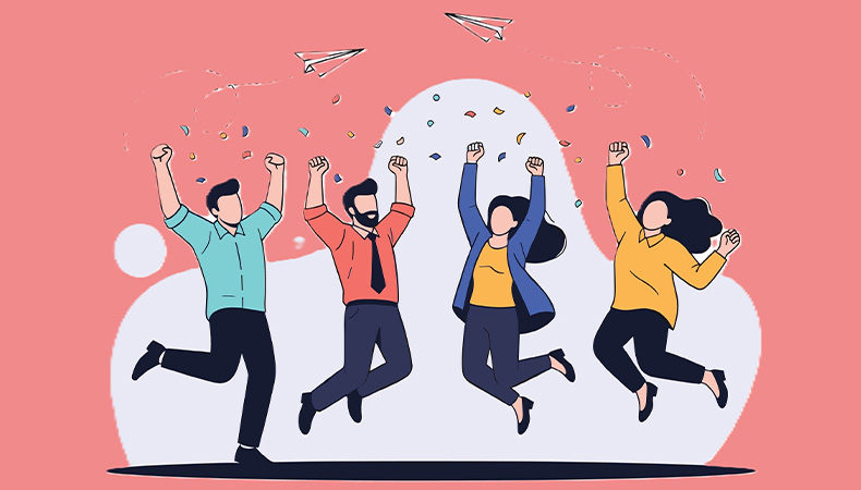 Illustration of four people jumping and celebrating with their arms raised. Confetti falls around them, and two paper airplanes fly above. The background is pink with abstract shapes.