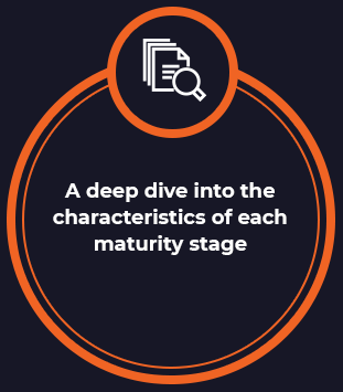 An orange circular graphic with an icon of documents and a magnifying glass at the top. Inside the circle, text reads: A deep dive into the characteristics of each maturity stage.
