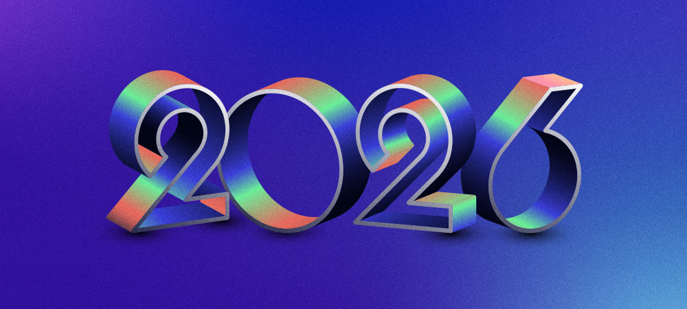 The numbers 2026 appear in large, bold, 3D text with a rainbow gradient effect against a blue and purple gradient background.