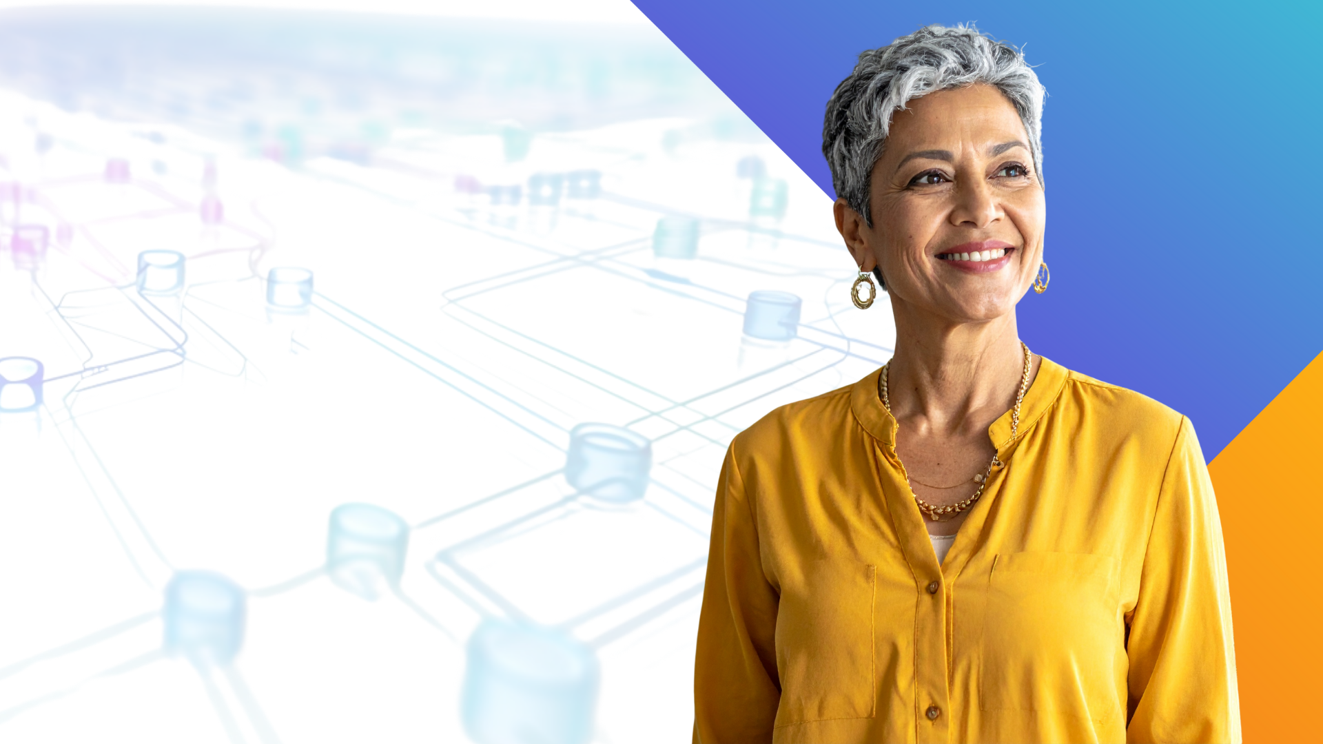 Smiling older woman with short gray hair and golden jewelry stands in front of an abstract digital network background with blue and orange gradient shapes. She wears a mustard yellow top.