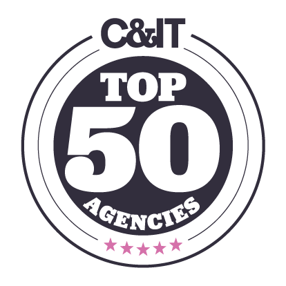 A circular badge with the text C&IT TOP 50 AGENCIES in bold white letters on a dark background, surrounded by concentric circles and five pink stars at the bottom.
