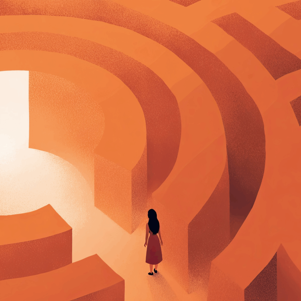 A woman in a red dress stands at the entrance of a large, orange maze, looking toward a bright opening ahead, with tall maze walls casting long shadows.