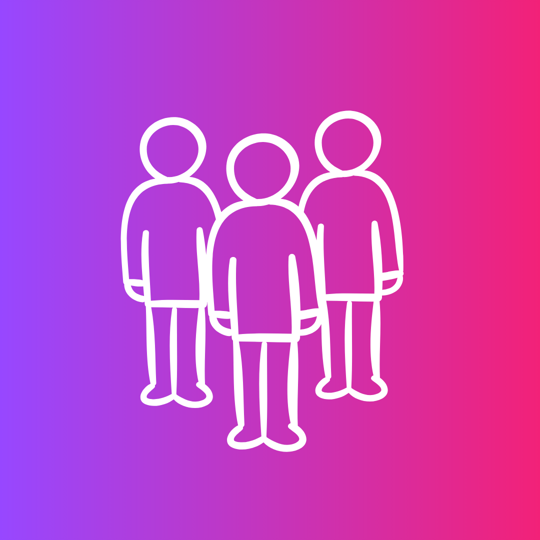 White outline of three human figures standing together on a purple to pink gradient background.