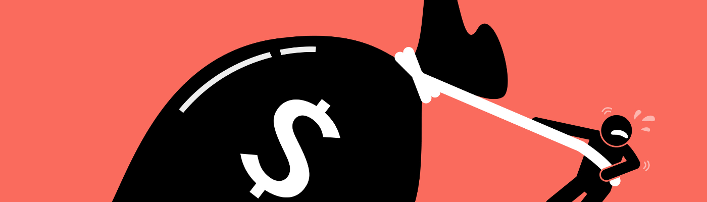 Illustration of a person struggling to drag a large, heavy money bag with a dollar sign on it, against a red background.