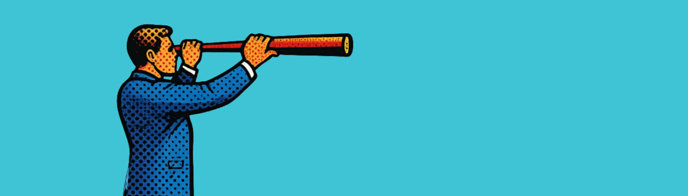 Illustration of a man in a blue suit looking through a telescope against a solid light blue background. The image has a retro, comic book-style dotted texture.
