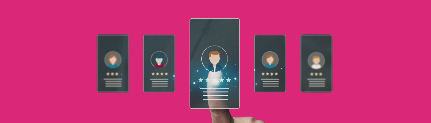 A hand points to a glowing digital profile icon among several blurred profile cards, symbolizing the selection or recruitment of a candidate on a bright pink background.