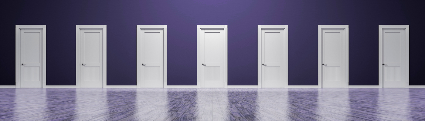 A row of seven closed white doors is evenly spaced along a dark purple wall, with a shiny wooden floor reflecting the doors and wall.