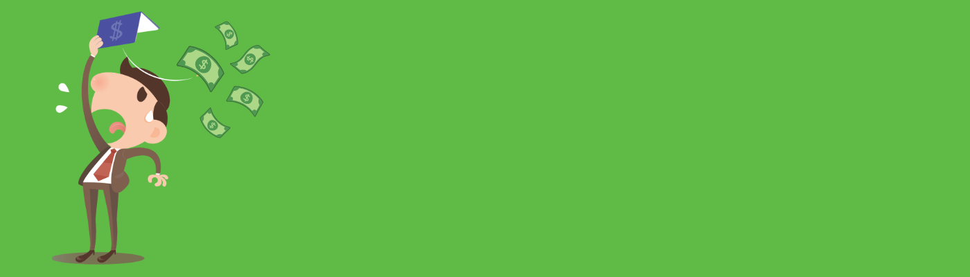 Cartoon man in a suit holds up a wallet with a white flag, as dollar bills fly away from him, symbolizing financial loss or surrender, on a green background.