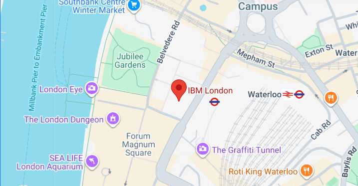Map showing the location of IBM London near Belvedere Road, close to the London Eye, Jubilee Gardens, Waterloo Station, The London Dungeon, and SEA LIFE London Aquarium. Nearby roads and landmarks are labeled.