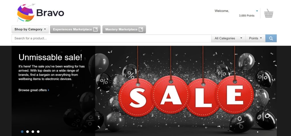 Bravo rewards website homepage featuring a banner with SALE written on red tags, black balloons with percentage signs, navigation menus, a search bar, and a users points balance in the top right corner.