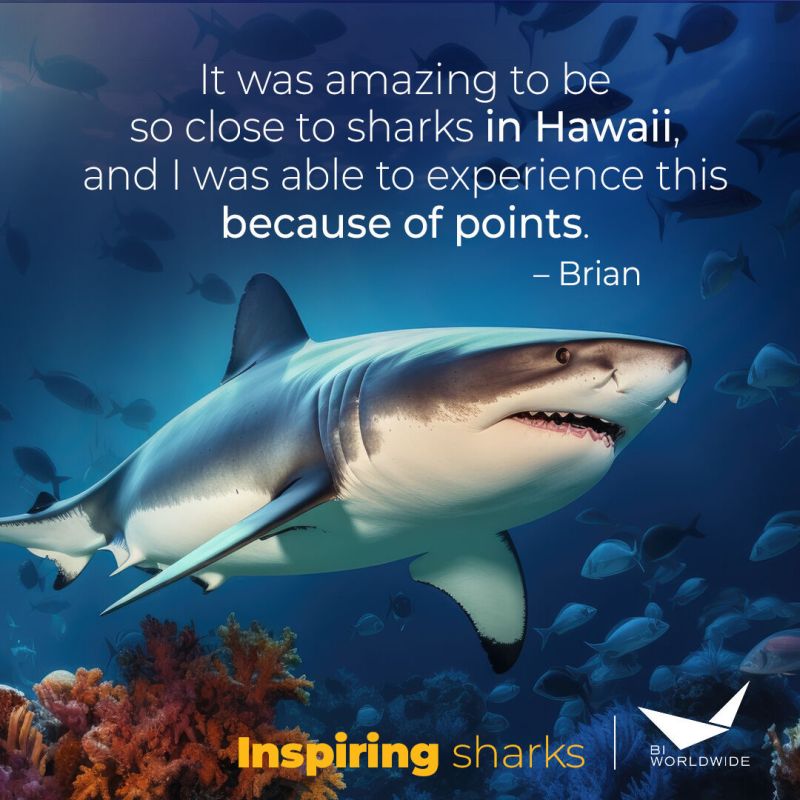 A large shark swims underwater among coral with a quote overlay: “It was amazing to be so close to sharks in Hawaii, and I was able to experience this because of points. – Brian.” Text reads “Inspiring sharks” and includes a BI Worldwide logo.