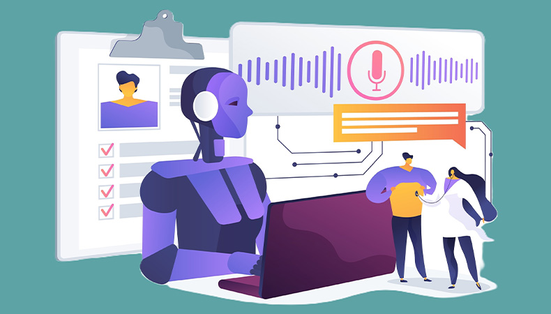 Illustration of a purple robot with headphones using a laptop, a clipboard with a profile in the background, speech waveforms above, and two people standing and talking on the right.