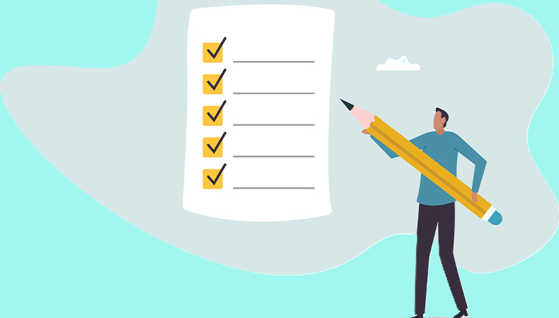 Illustration of a person holding a large pencil and standing next to a checklist with five yellow checkmarks on a light blue abstract background.