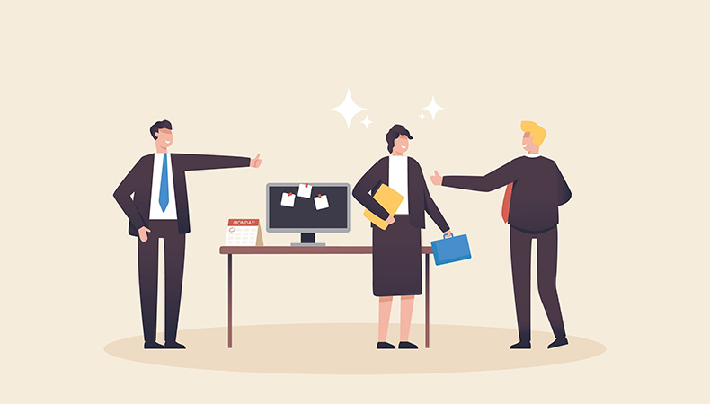 Illustration of three businesspeople in an office; one woman stands holding files and a briefcase, while two men stand on either side of her giving thumbs up, with a desk and computer in the background.