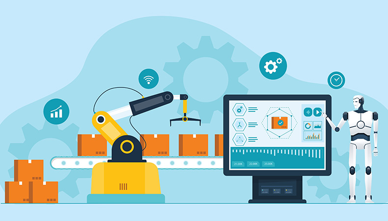 Illustration of a robotic arm sorting boxes on a conveyor belt, a robot standing by a computer screen displaying data and analytics, with gears, icons, and bar graphs in the background, representing automation and smart manufacturing.