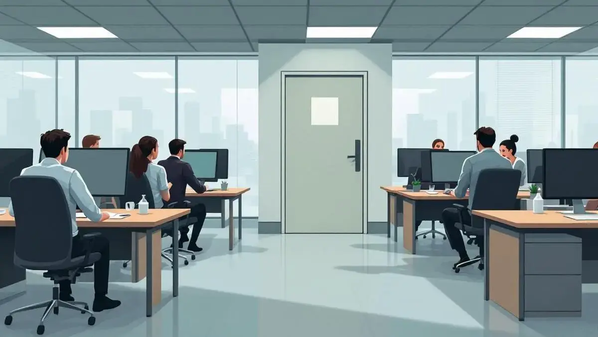 An office with several people working at desks with computers, arranged in rows on both sides of a central walkway, large windows in the background, and a closed door in the center.