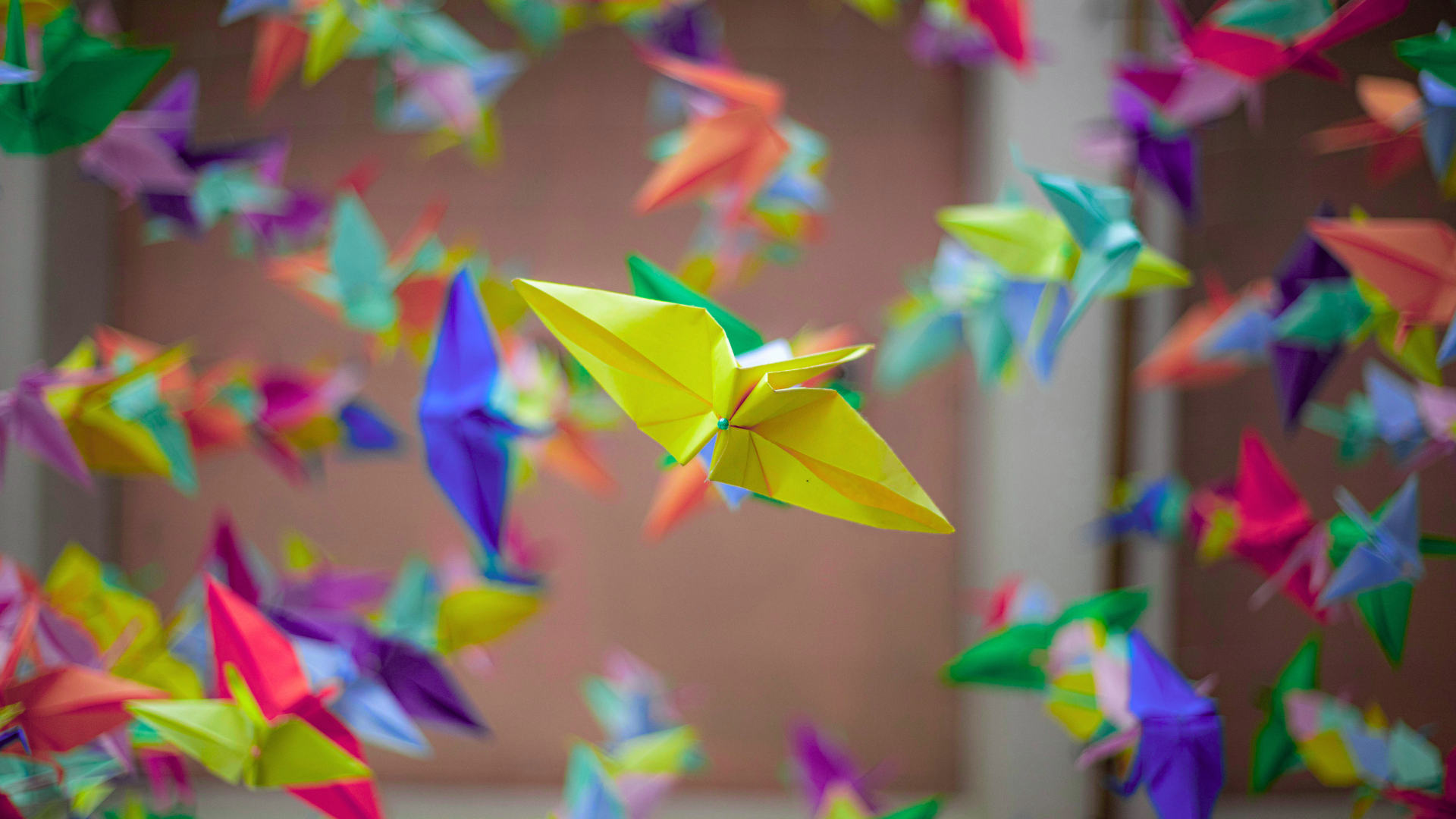 Colorful origami paper cranes are suspended in midair, with a bright yellow and green crane in sharp focus at the center. The background is softly blurred, highlighting the vibrant hanging decorations.