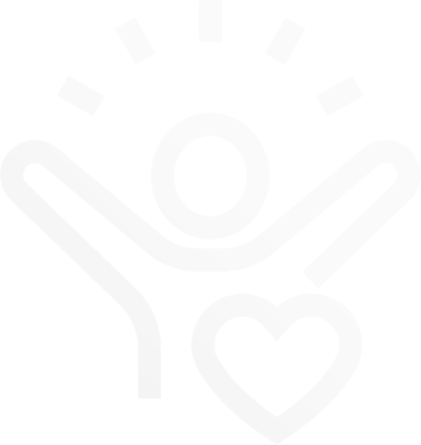A stylized white icon of a person with outstretched arms, radiating lines above the head, and a heart shape near the lower right side, on a light gray background.