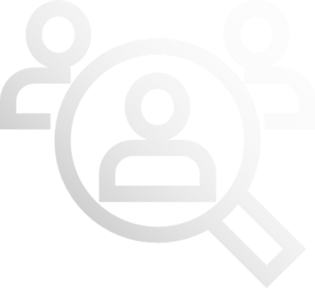 Abstract illustration of three user icons, with one user inside a magnifying glass, representing searching or selecting a person or user profile. The image uses light gray tones on a white background.