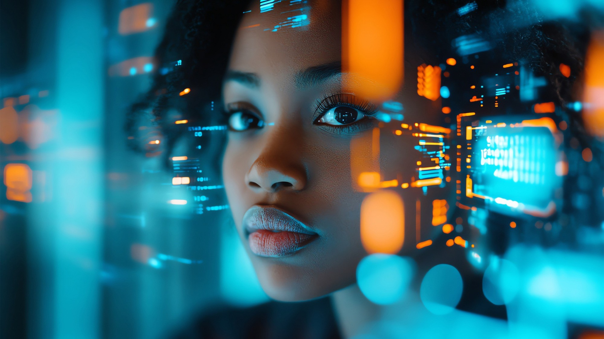 A woman’s face is illuminated by blue and orange digital interface graphics, giving a futuristic, technological atmosphere. The glowing elements create a sense of innovation and focus.