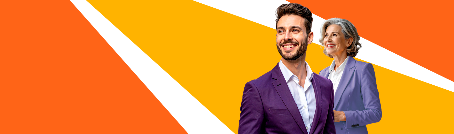 A smiling man and woman in business attire stand against a vibrant orange and yellow geometric background.