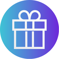 A white outline of a gift box with a bow on top is centered on a circular background that transitions from teal on the left to purple on the right.