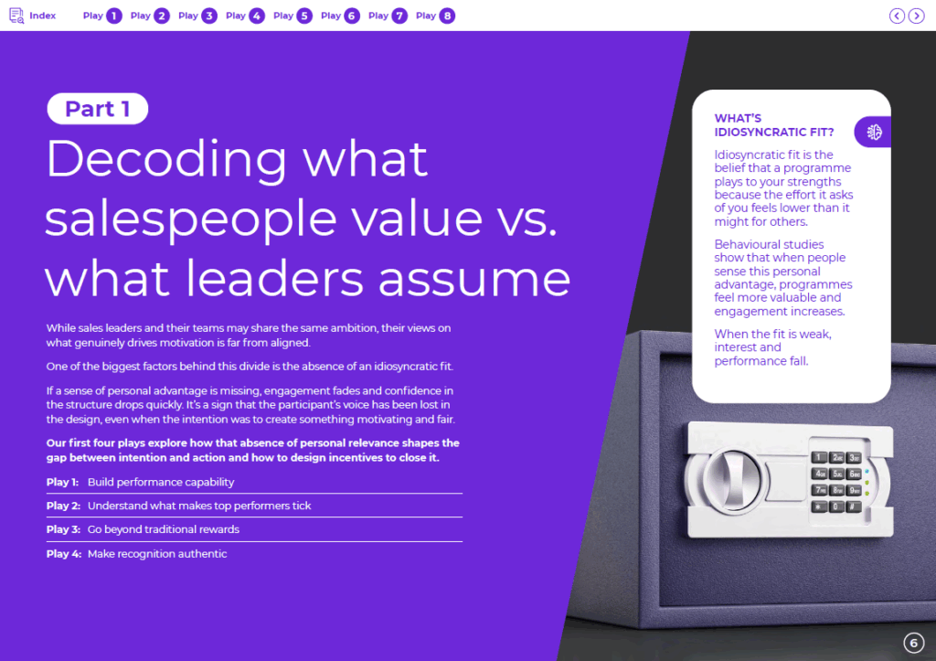 A magazine-style page with the title Decoding what salespeople value vs. what leaders assume in white and purple text. On the right is a safe with an open door and keypad. A sidebar explains idiosyncratic fit in purple.