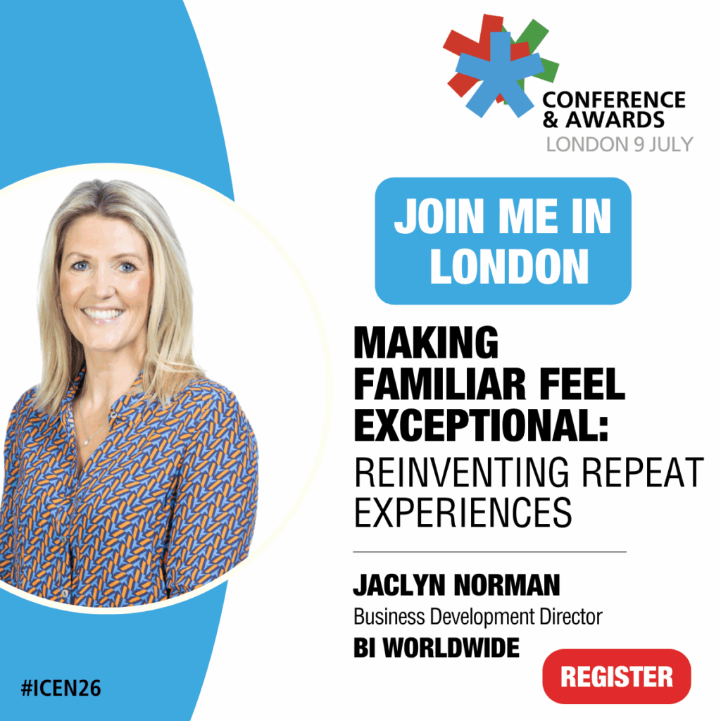 Promotional graphic for a conference in London on July 9. Features a smiling woman, Jaclyn Norman, Business Development Director at BI Worldwide. Text says “Making Familiar Feel Exceptional: Reinventing Repeat Experiences.”.
