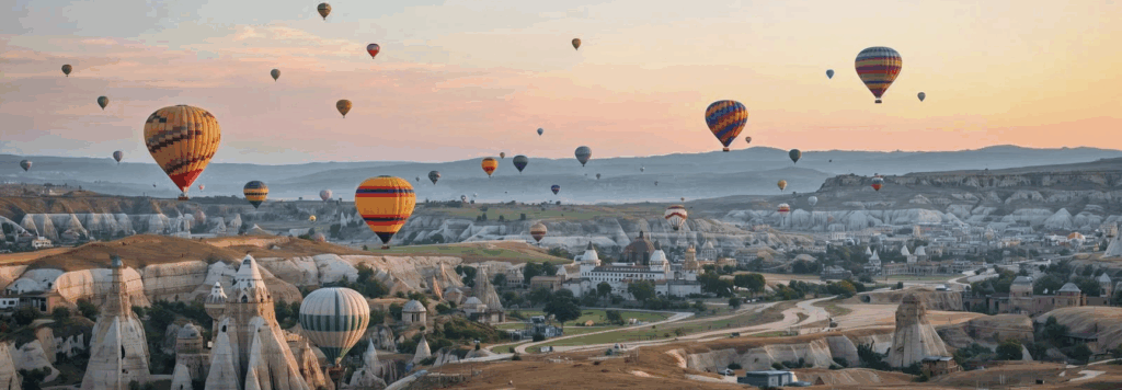 Colorful hot air balloons float above rocky valleys and unique rock formations at sunrise, with scattered buildings and winding roads visible below.