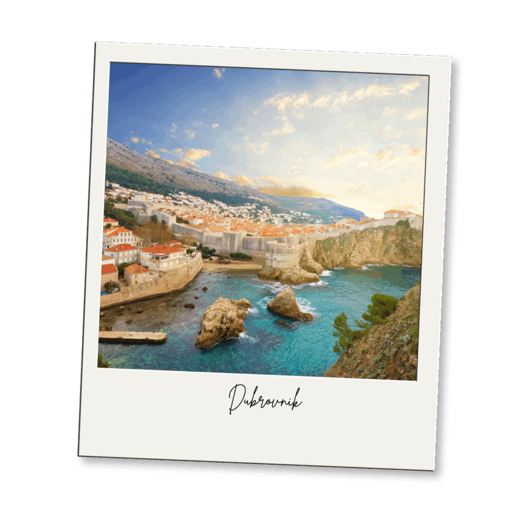 A Polaroid-style photo of Dubrovnik shows a coastal city with terracotta rooftops, stone walls, cliffs, and clear blue sea under a bright sky. Dubrovnik is written beneath the image.