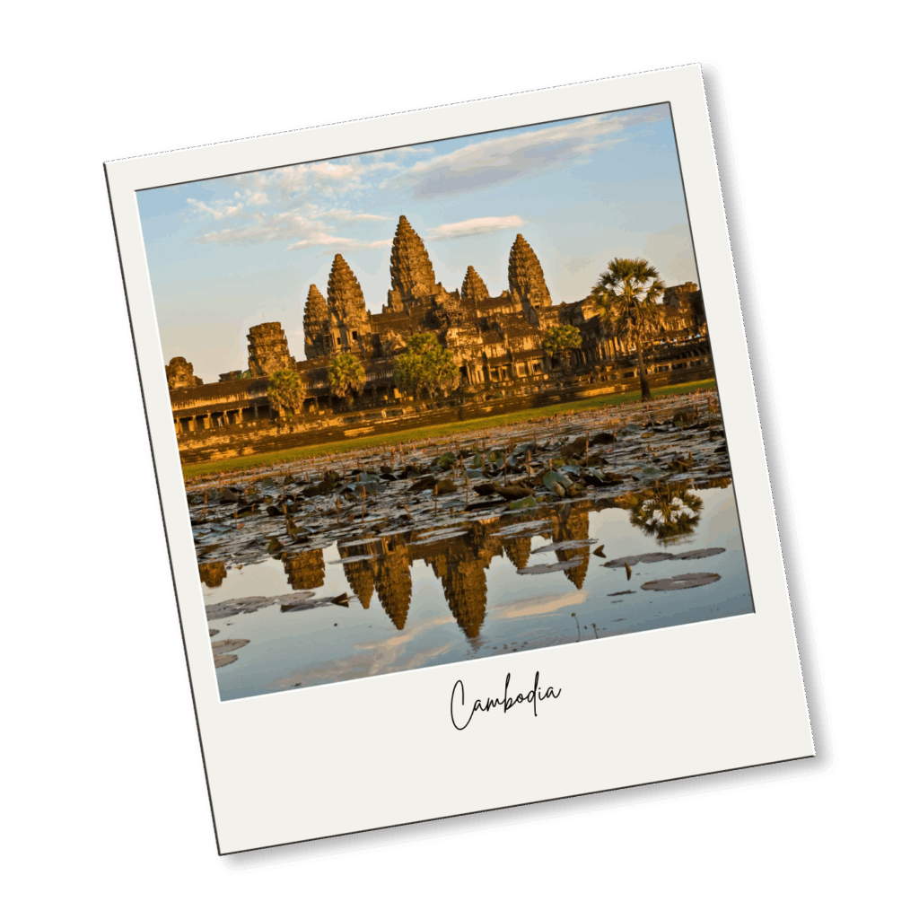 A photograph of Angkor Wat temple in Cambodia at sunset, with its reflection visible in a lotus-filled pond. The word Cambodia is written below the image in cursive.