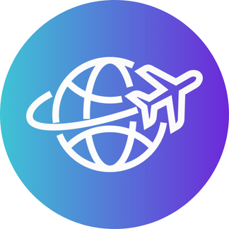 A white icon of an airplane flying around a globe on a blue-to-purple gradient circular background.