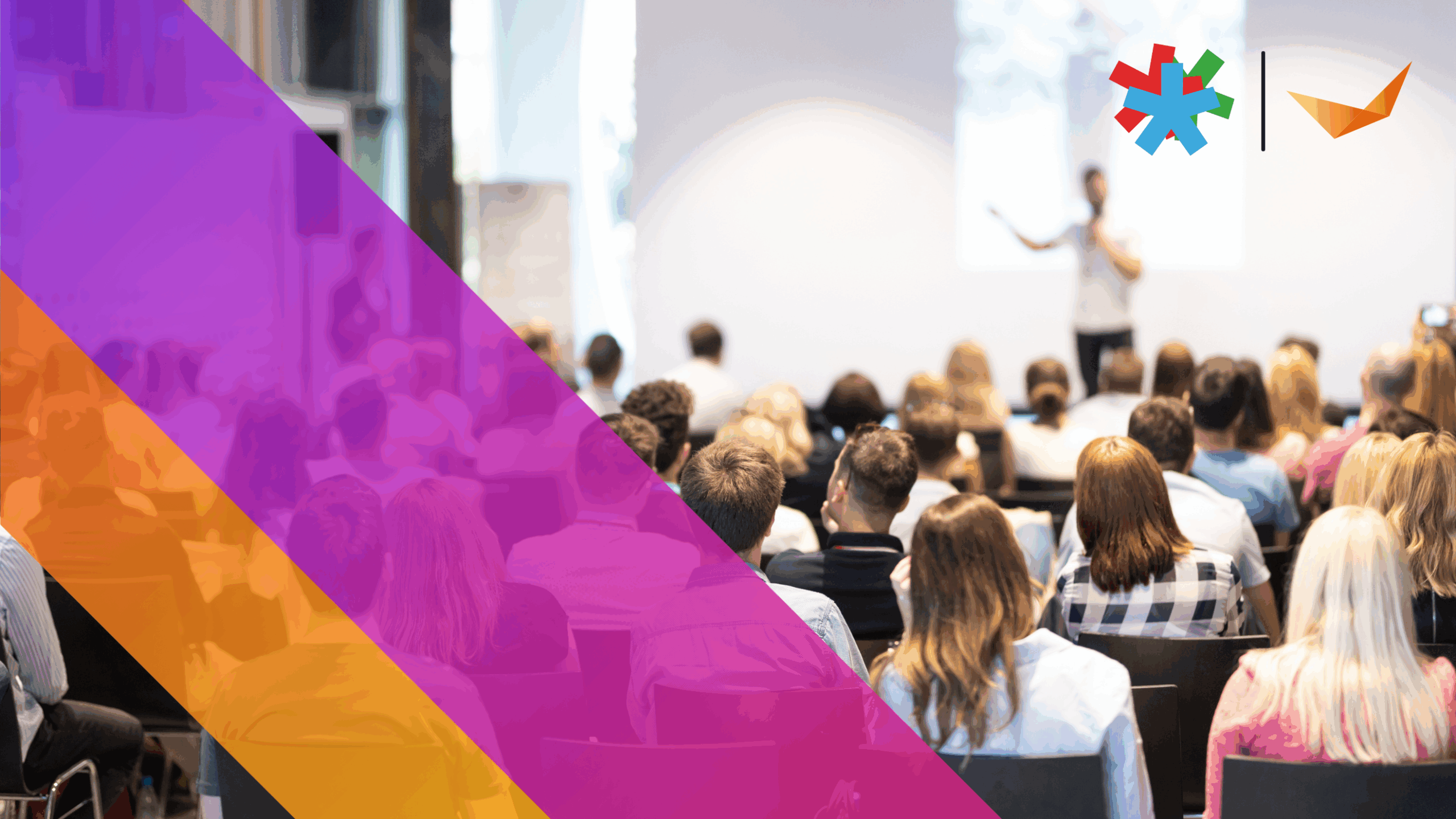 A blurred speaker presents to a seated audience in a bright conference room. The left side is overlaid with semi-transparent purple and orange diagonal shapes. Two colorful logos appear on the top right.