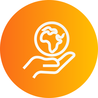 A white outline of a hand holding a globe featuring Africa, set against an orange circular background.