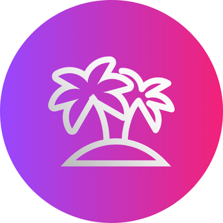 White outline of two palm trees on an island, centered on a circular gradient background transitioning from purple to pink.