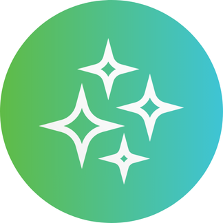 Four white sparkles are arranged on a green-to-blue gradient circular background.