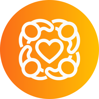 Four stylized people form a circle around a heart, all in white on an orange gradient background, representing unity, community, and care.