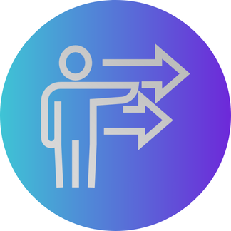 A simplified person points right, with three arrows extending from their arm, on a blue to purple gradient circular background.