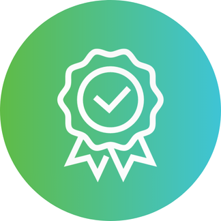 White award ribbon with a checkmark in the center, displayed on a green-to-teal gradient circular background.