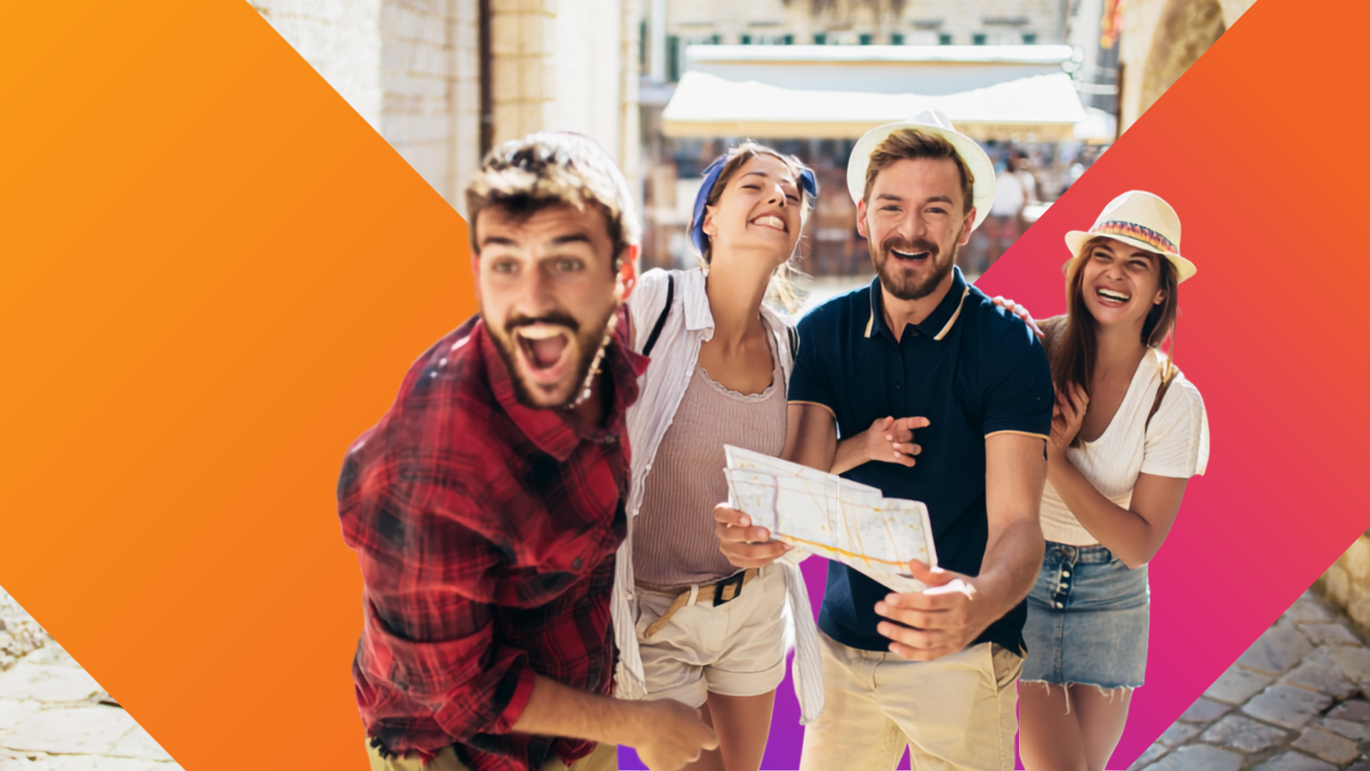 Four young adults outdoors, smiling and laughing. One holds a map. Bright orange and purple shapes overlay the photo, creating a lively, energetic feel.