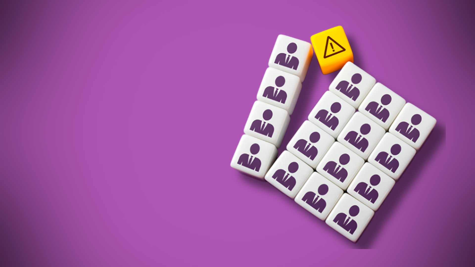White cubes with purple user icons are arranged in a grid on a purple background, with one yellow cube featuring a warning sign in the top right corner, creating a visual contrast.