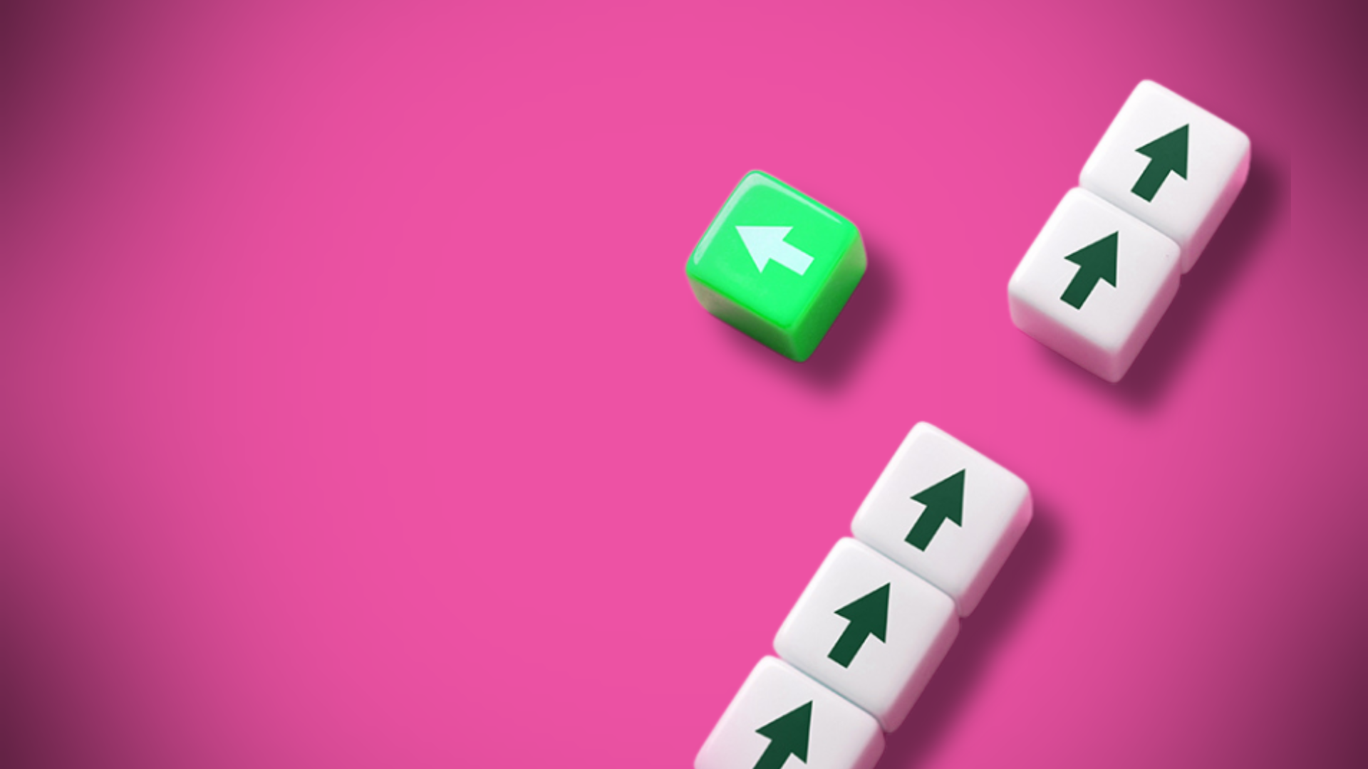 A green block with a left-pointing arrow stands apart from white blocks with up-pointing arrows, all set against a pink background.