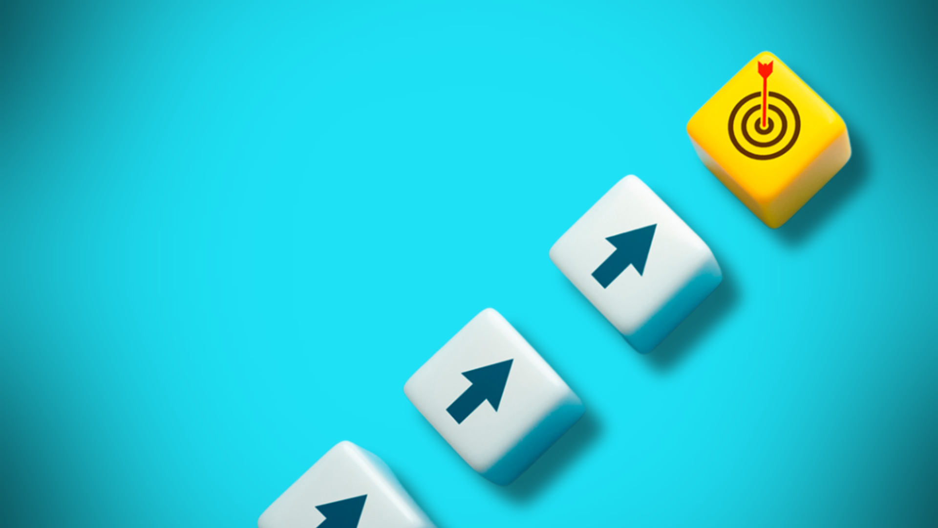Four keyboard keys in a diagonal row on a blue background, three white with black arrows pointing up and the last yellow with a target symbol and a dart in the center.