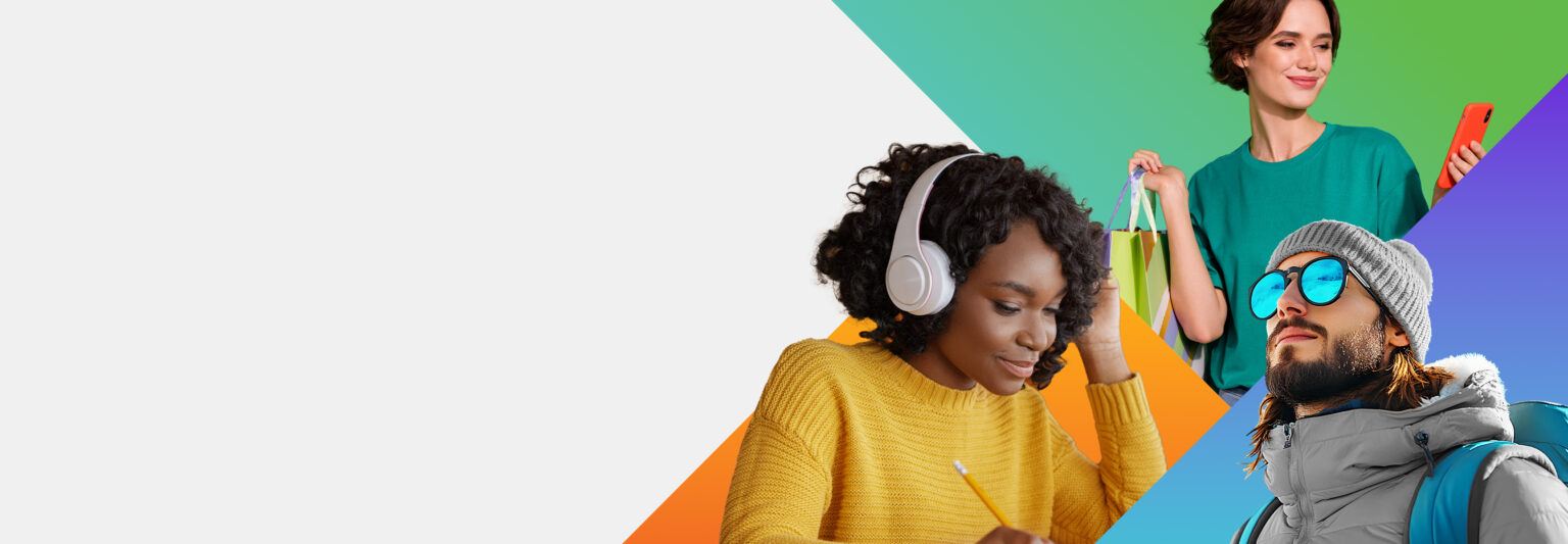 Three people: a woman in yellow wearing headphones and writing, a woman in green holding shopping bags and a mobile, and a man in winter clothing and sunglasses, each on colourful geometric backgrounds.