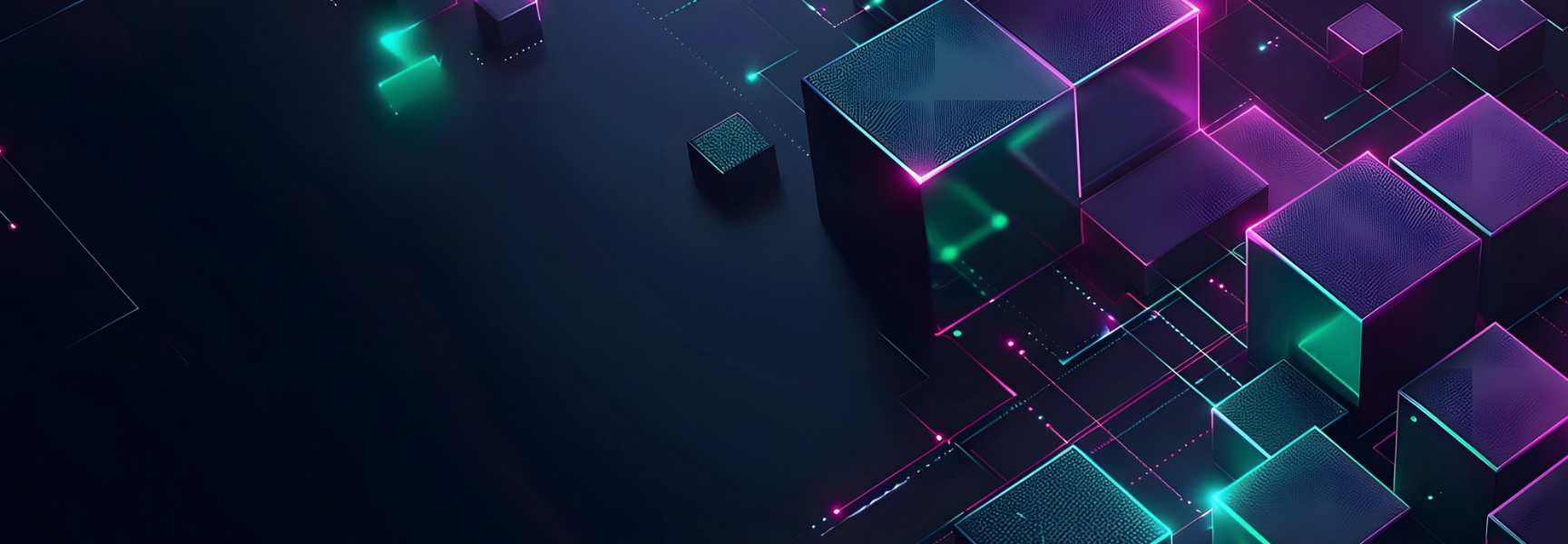 A futuristic digital background featuring glowing neon cubes and lines in shades of blue, purple, and green on a dark surface, creating a high-tech, abstract geometric pattern.