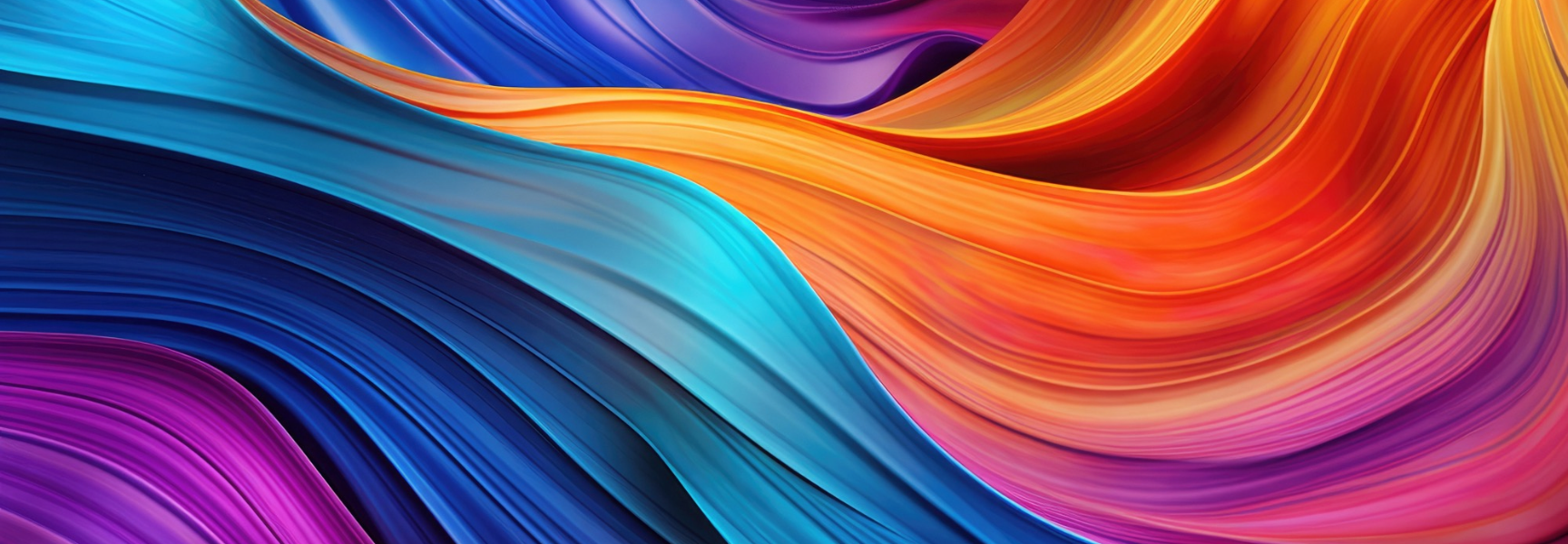 Abstract image of swirling, silky ribbons in vibrant blue, orange, purple, and pink hues blending together, creating a dynamic, flowing wave-like pattern.