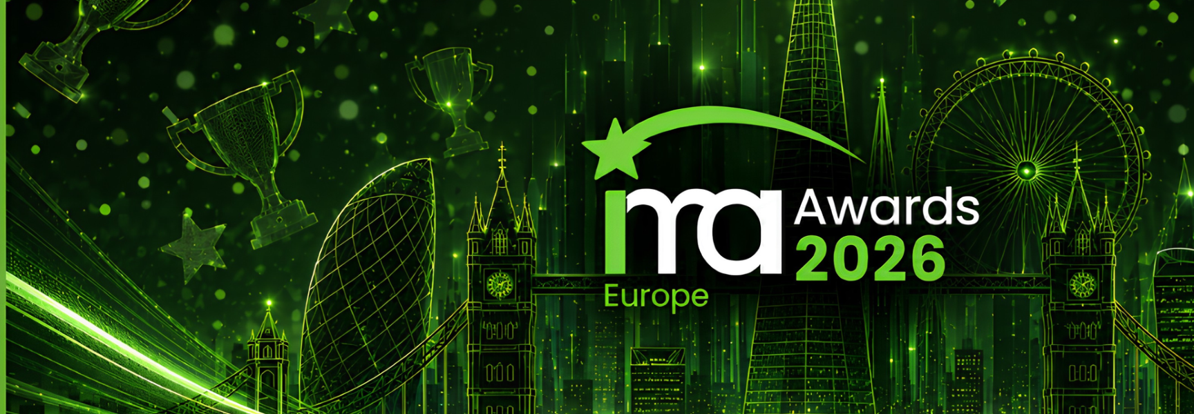 Green-themed graphic for the IMA Awards 2026 Europe with London landmarks, trophies, stars, and city buildings in the background.