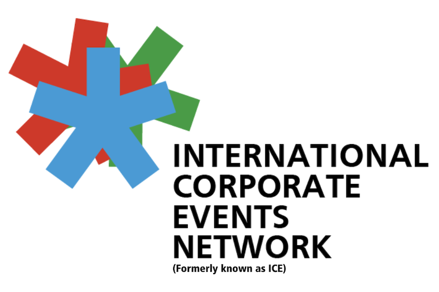 Logo with blue, red, and green asterisks next to the text International Corporate Events Network (Formerly known as ICE) in bold black letters.